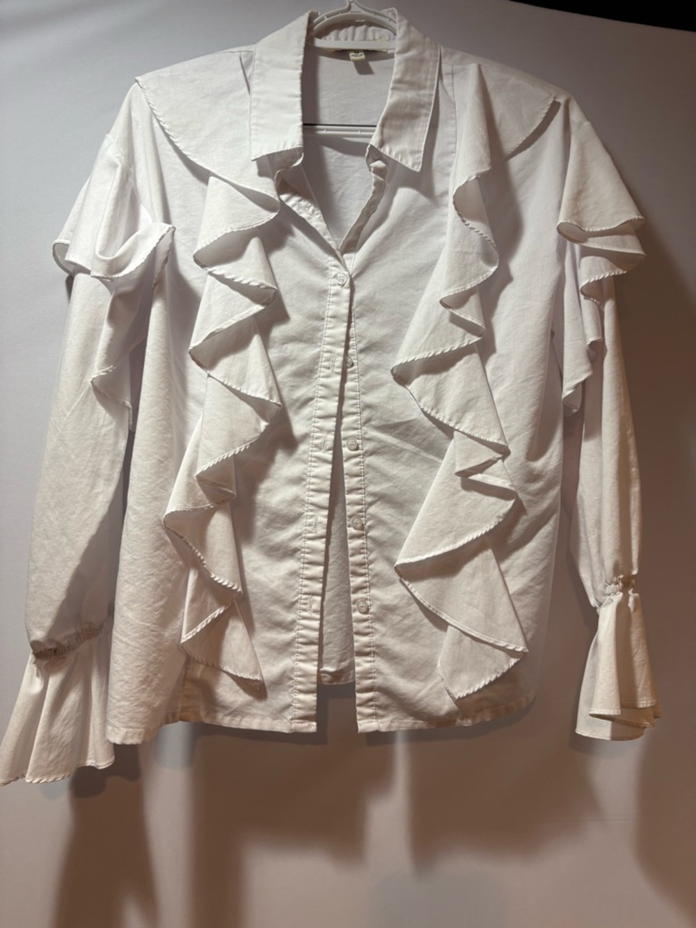 Jealous Tomato White Button-Front Blouse with Ruffle Trim